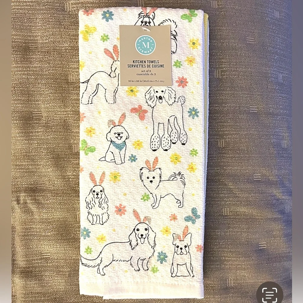 Martha Stewart 3 Pc Easter Kitchen Towels Dogs With Bunny Ears NWT